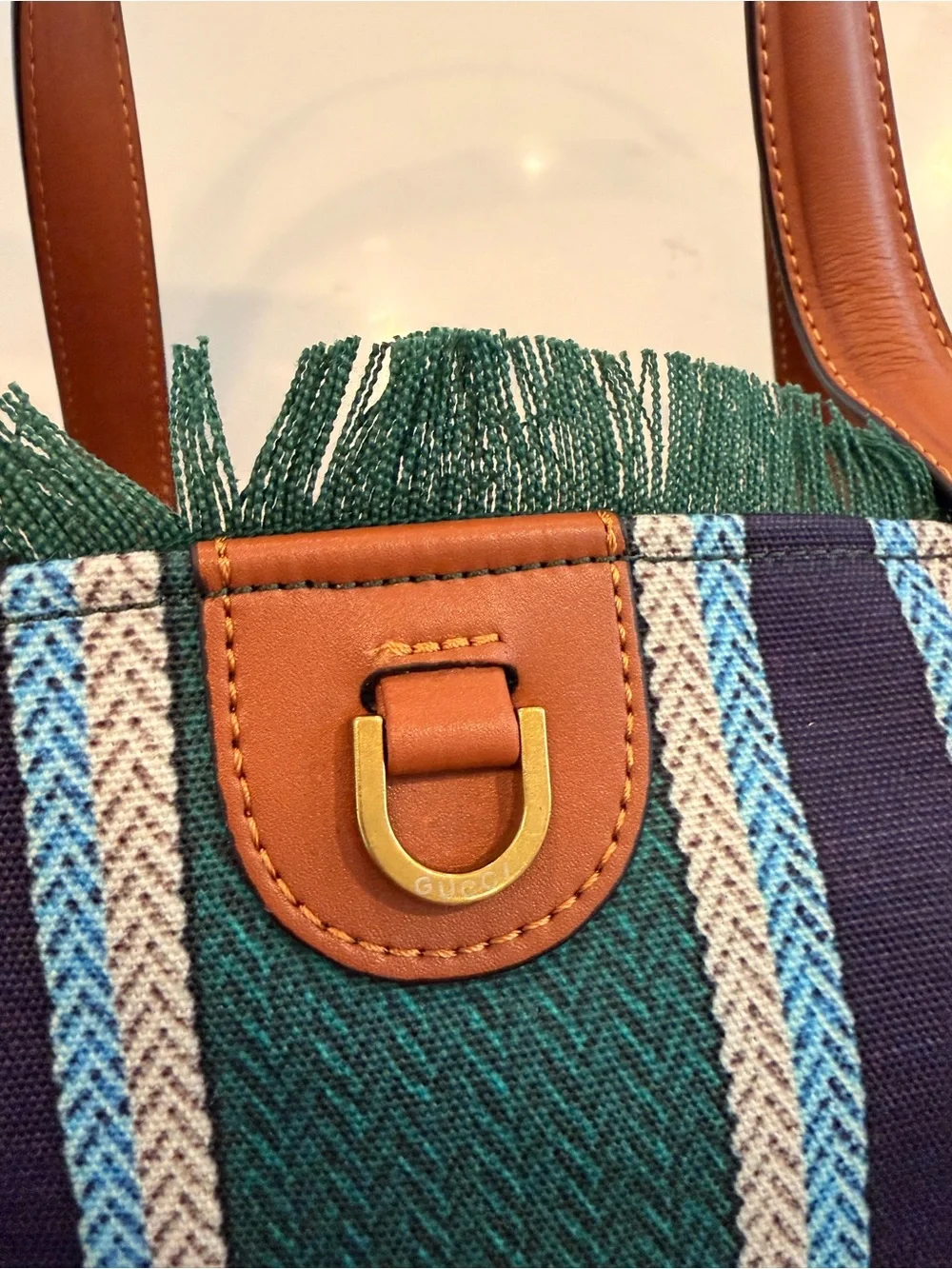 Gucci Teal & Navy Striped Canvas Tote with Leather Handles - Picture 2 of 9
